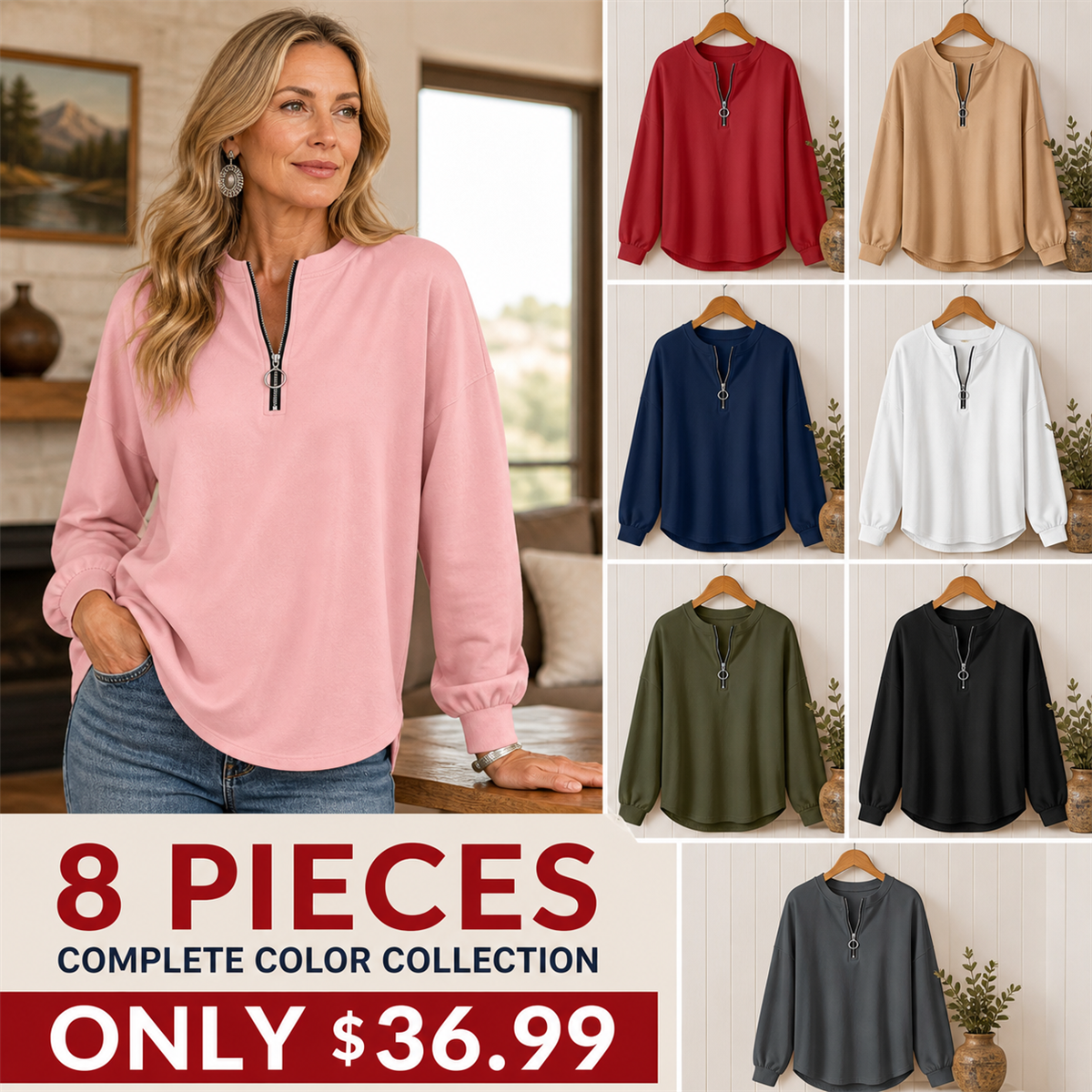 Women's Relaxed Half-Zip Long-Sleeve Pullover Top - 8-Piece Complete Color Collection - $36.99