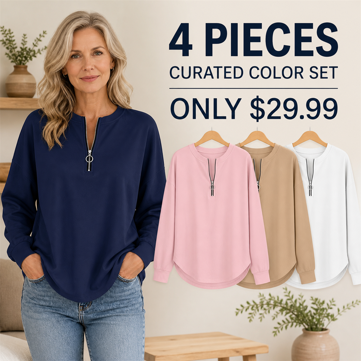Women's Relaxed Half-Zip Long-Sleeve Pullover Top - 4-Piece Classic Color Set - $29.99