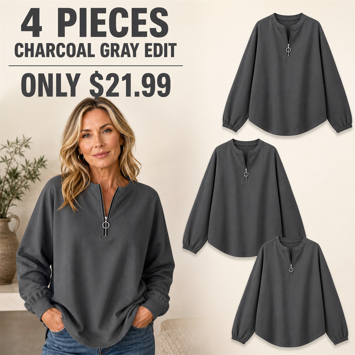 Women's Relaxed Half-Zip Long-Sleeve Pullover Top - 4-Piece Charcoal Gray Set - $21.99
