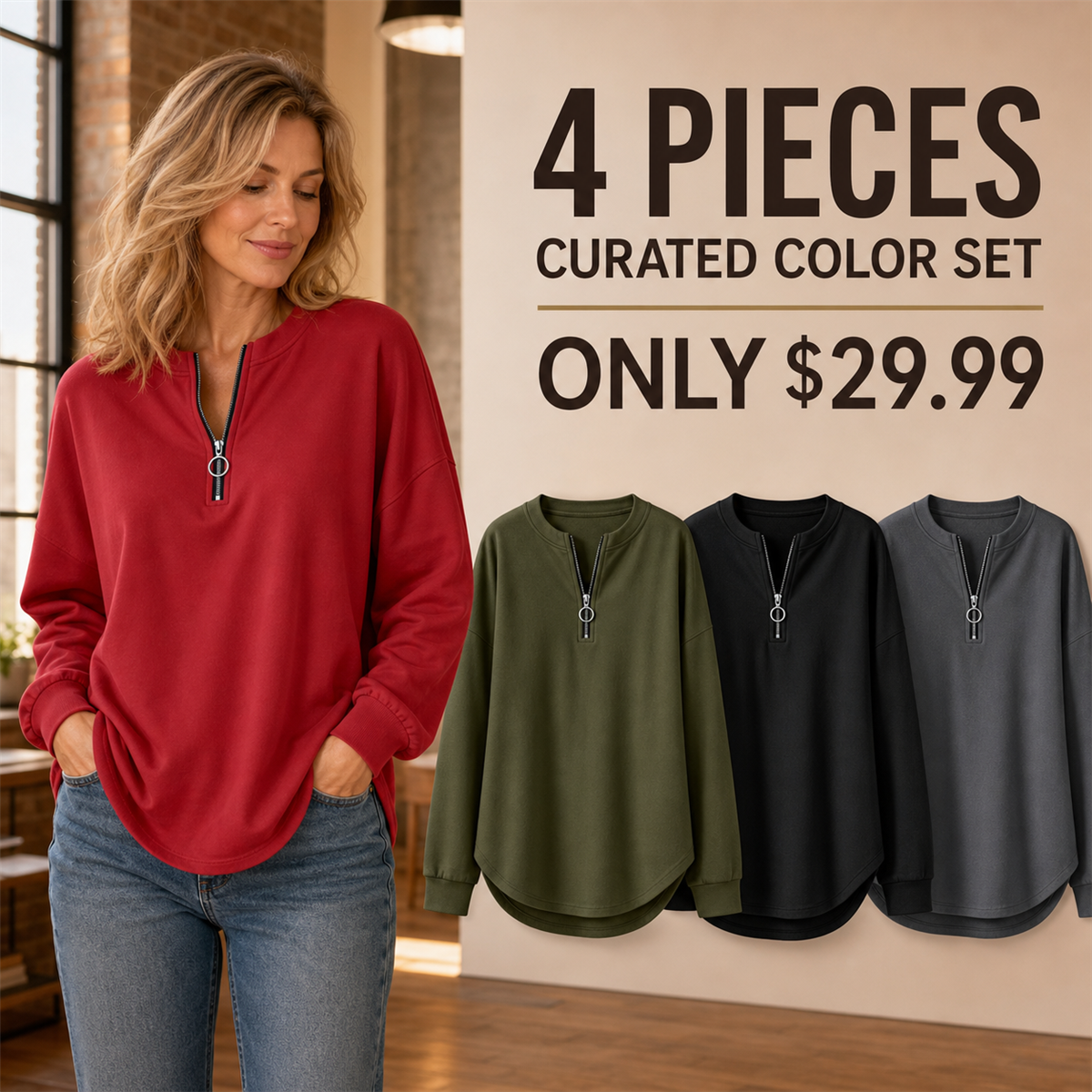 Women's Relaxed Half-Zip Long-Sleeve Pullover Top - 4-Piece Soft Color Set - $29.99
