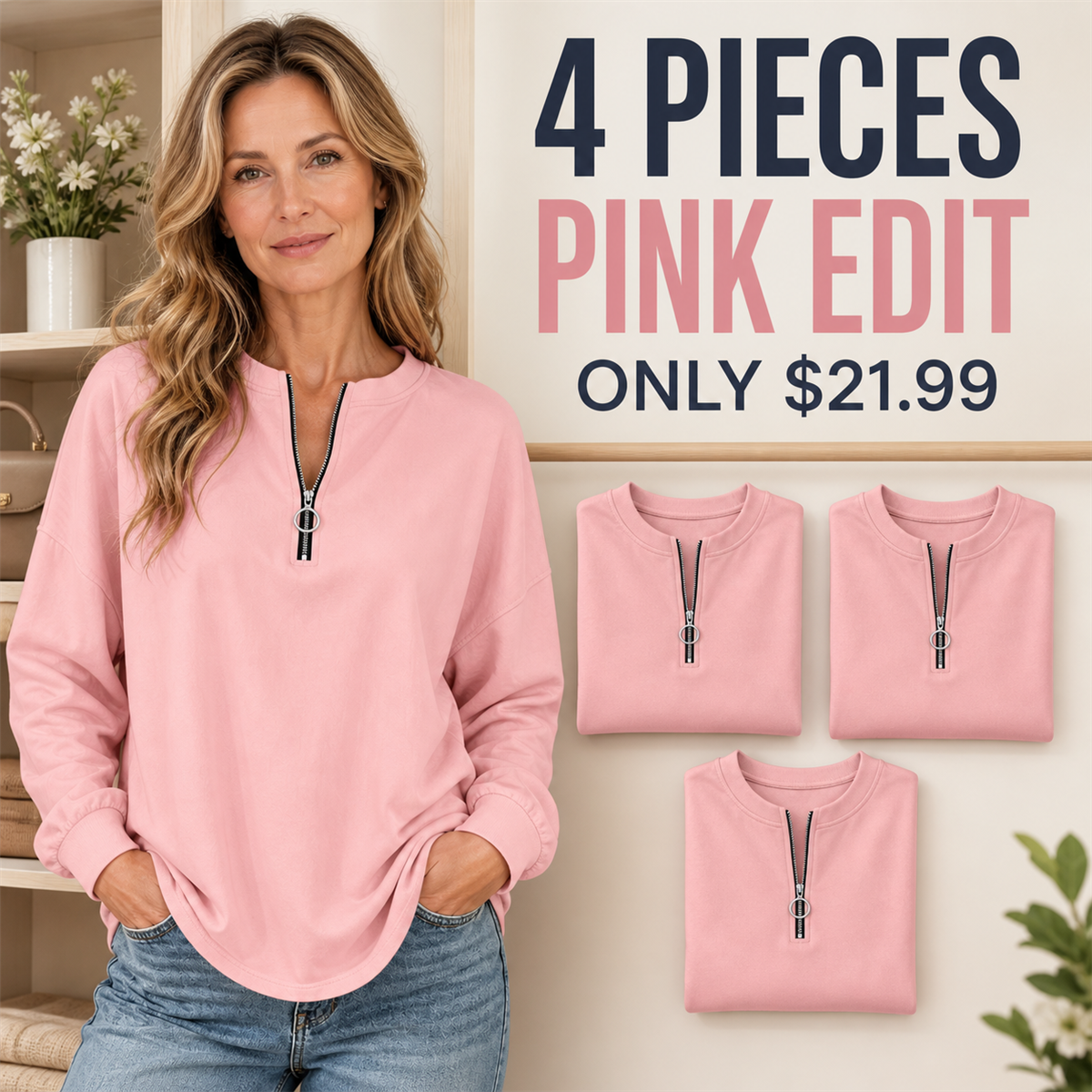 Women's Relaxed Half-Zip Long-Sleeve Pullover Top - 4-Piece Pink Set - $21.99