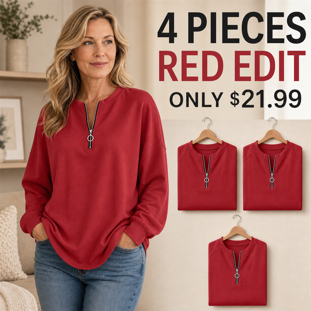 Women's Relaxed Half-Zip Long-Sleeve Pullover Top - 4-Piece Red Set - $21.99