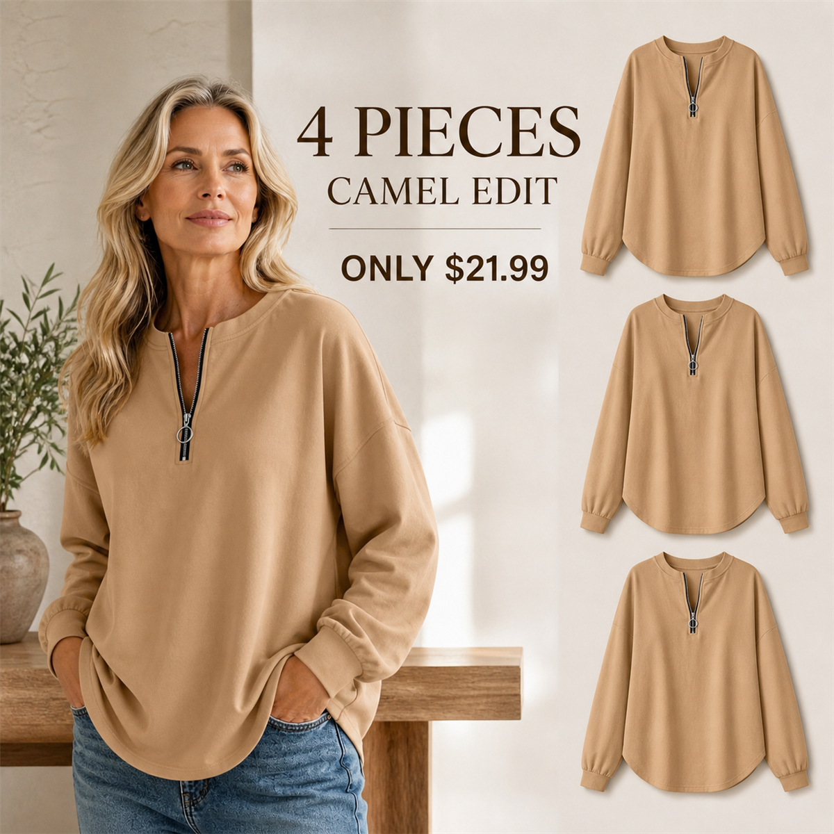 Women's Relaxed Half-Zip Long-Sleeve Pullover Top - 4-Piece Camel Set - $21.99
