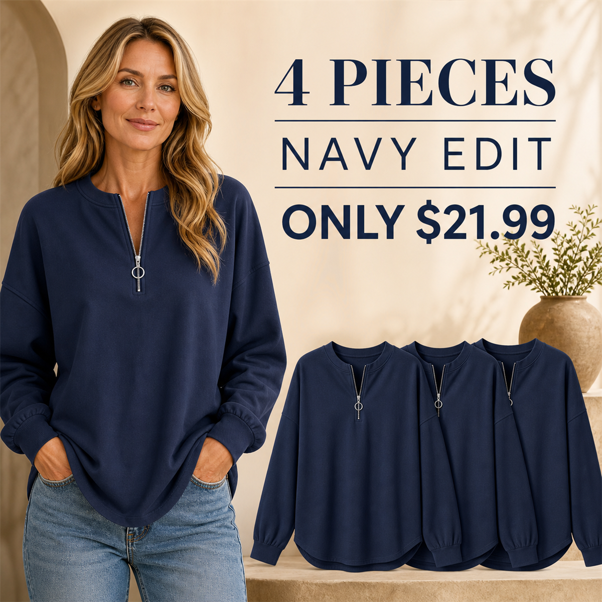 Women's Relaxed Half-Zip Long-Sleeve Pullover Top - 4-Piece Navy Set - $21.99