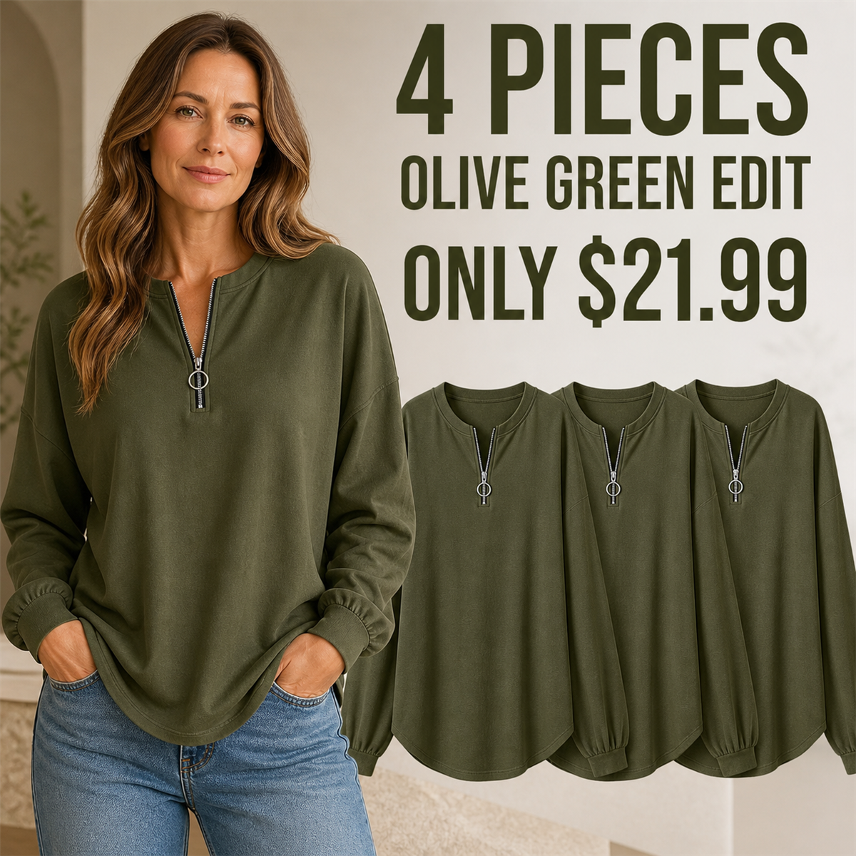 Women's Relaxed Half-Zip Long-Sleeve Pullover Top - 4-Piece Olive Green Set - $21.99