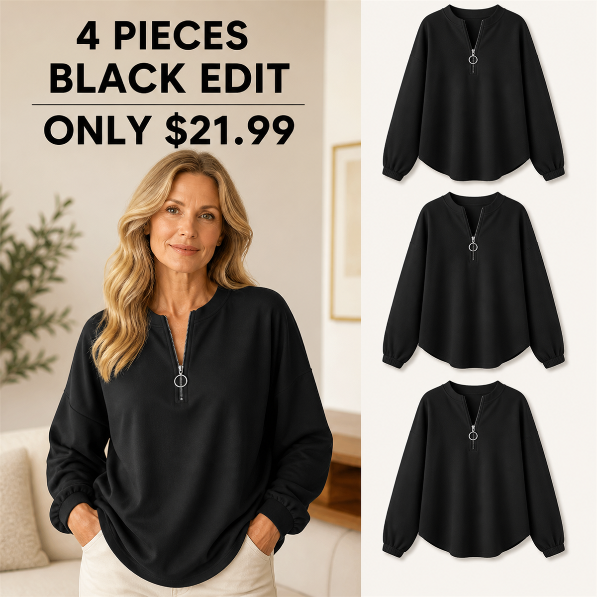 Women's Relaxed Half-Zip Long-Sleeve Pullover Top - 4-Piece Black Set - $21.99