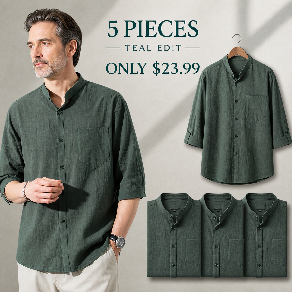 Men's Relaxed Mandarin-Collar Three-Quarter-Sleeve Button-Front Shirt - 5-Piece Teal Set - $23.99