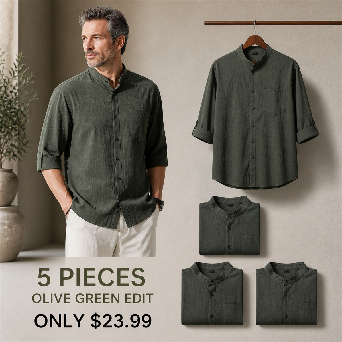 Men's Relaxed Mandarin-Collar Three-Quarter-Sleeve Button-Front Shirt - 5-Piece Olive Green Set - $23.99