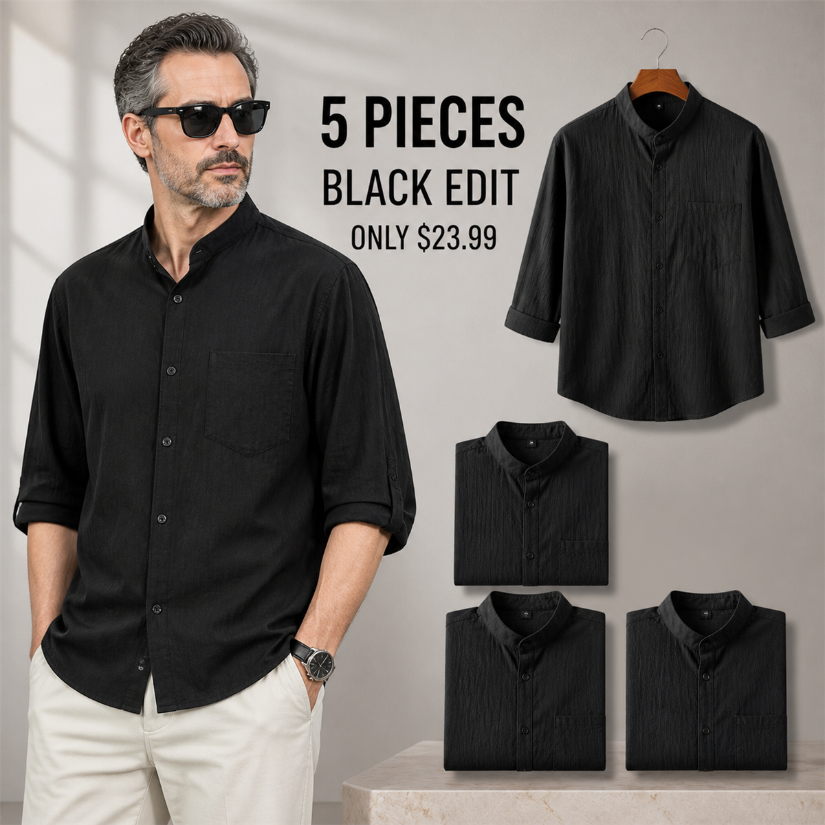 Men's Relaxed Mandarin-Collar Three-Quarter-Sleeve Button-Front Shirt - 5-Piece Black Set - $23.99