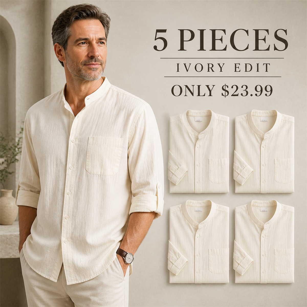 Men's Relaxed Mandarin-Collar Three-Quarter-Sleeve Button-Front Shirt - 5-Piece Ivory Set - $23.99