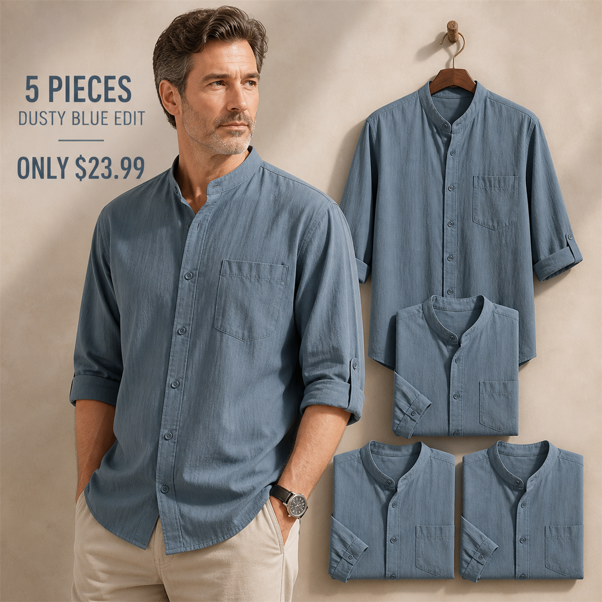 Men's Relaxed Mandarin-Collar Three-Quarter-Sleeve Button-Front Shirt - 5-Piece Dusty Blue Set - $23.99