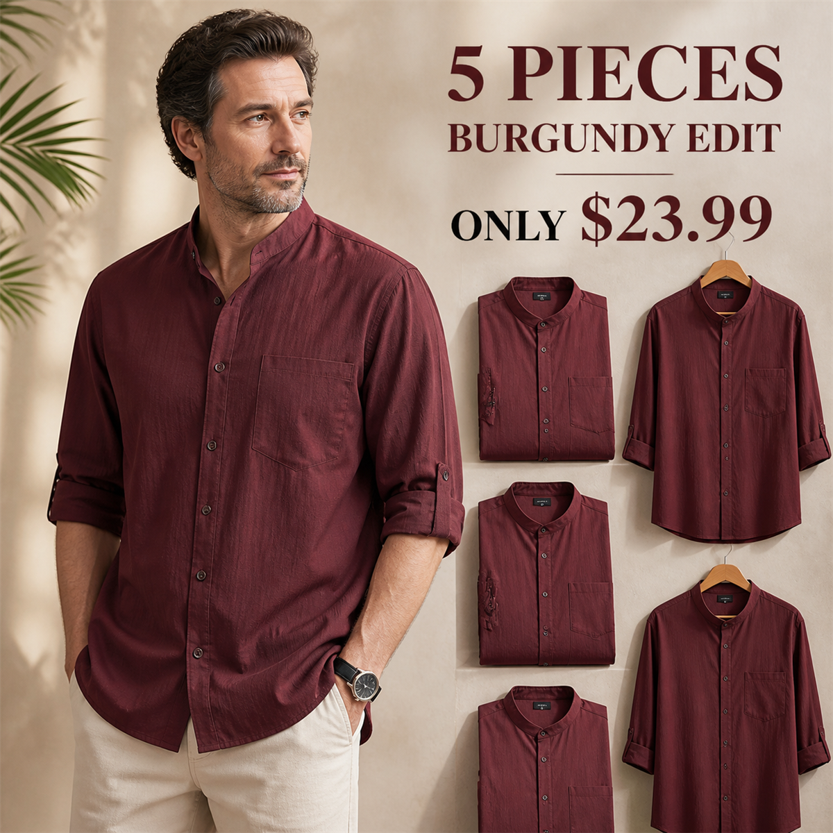 Men's Relaxed Mandarin-Collar Three-Quarter-Sleeve Button-Front Shirt - 5-Piece Burgundy Set - $23.99