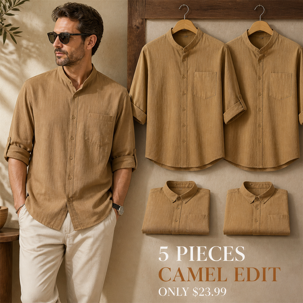 Men's Relaxed Mandarin-Collar Three-Quarter-Sleeve Button-Front Shirt - 5-Piece Camel Set - $23.99
