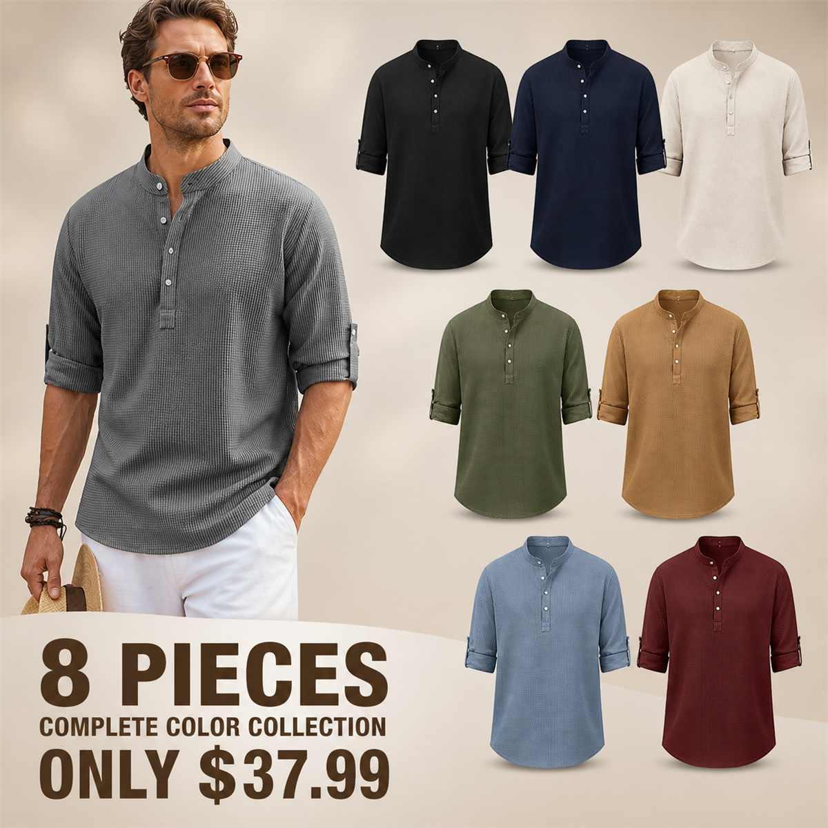 Men's Textured Band-Collar Roll-Tab Sleeve Henley Shirt - 8-Piece Complete Color Collection - $37.99