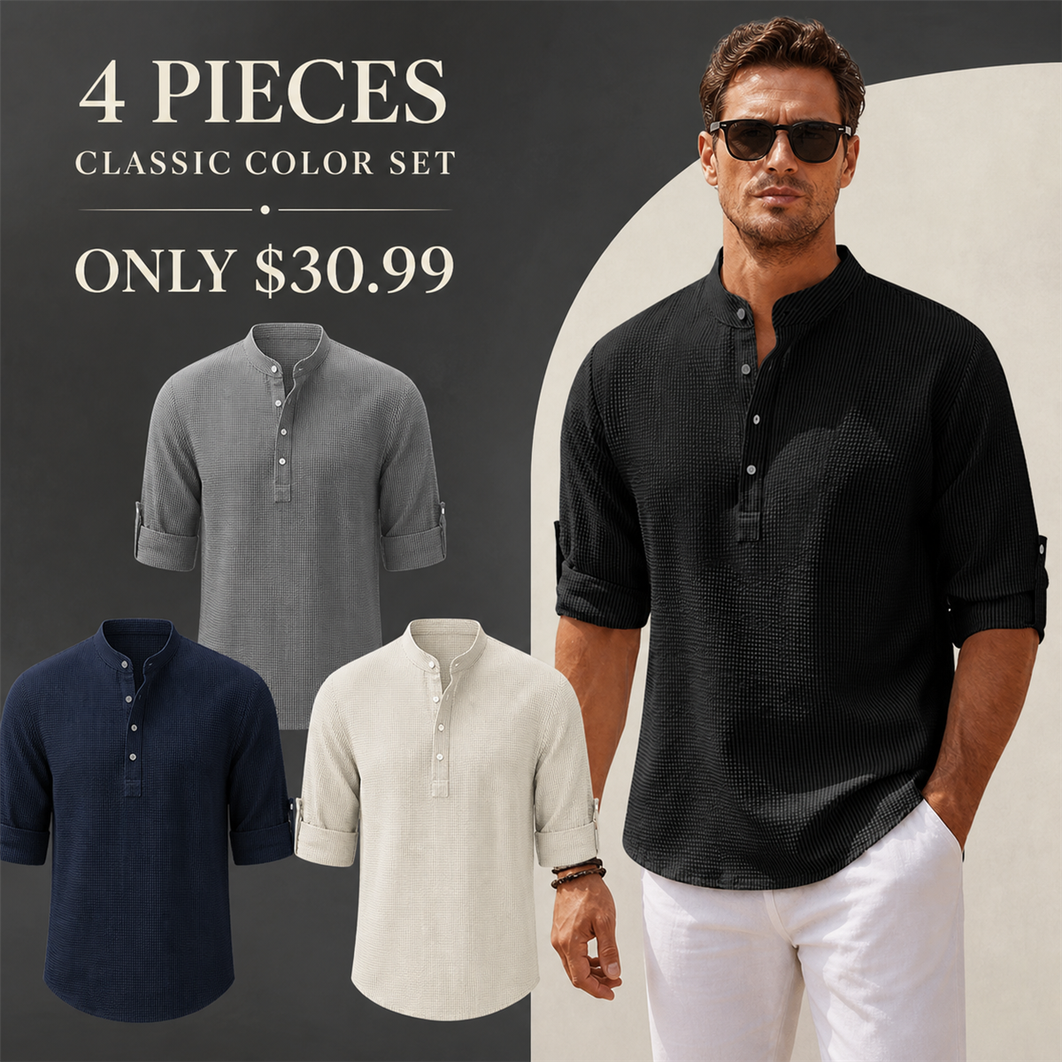 Men's Textured Band-Collar Roll-Tab Sleeve Henley Shirt - 4-Piece Classic Color Set - $30.99