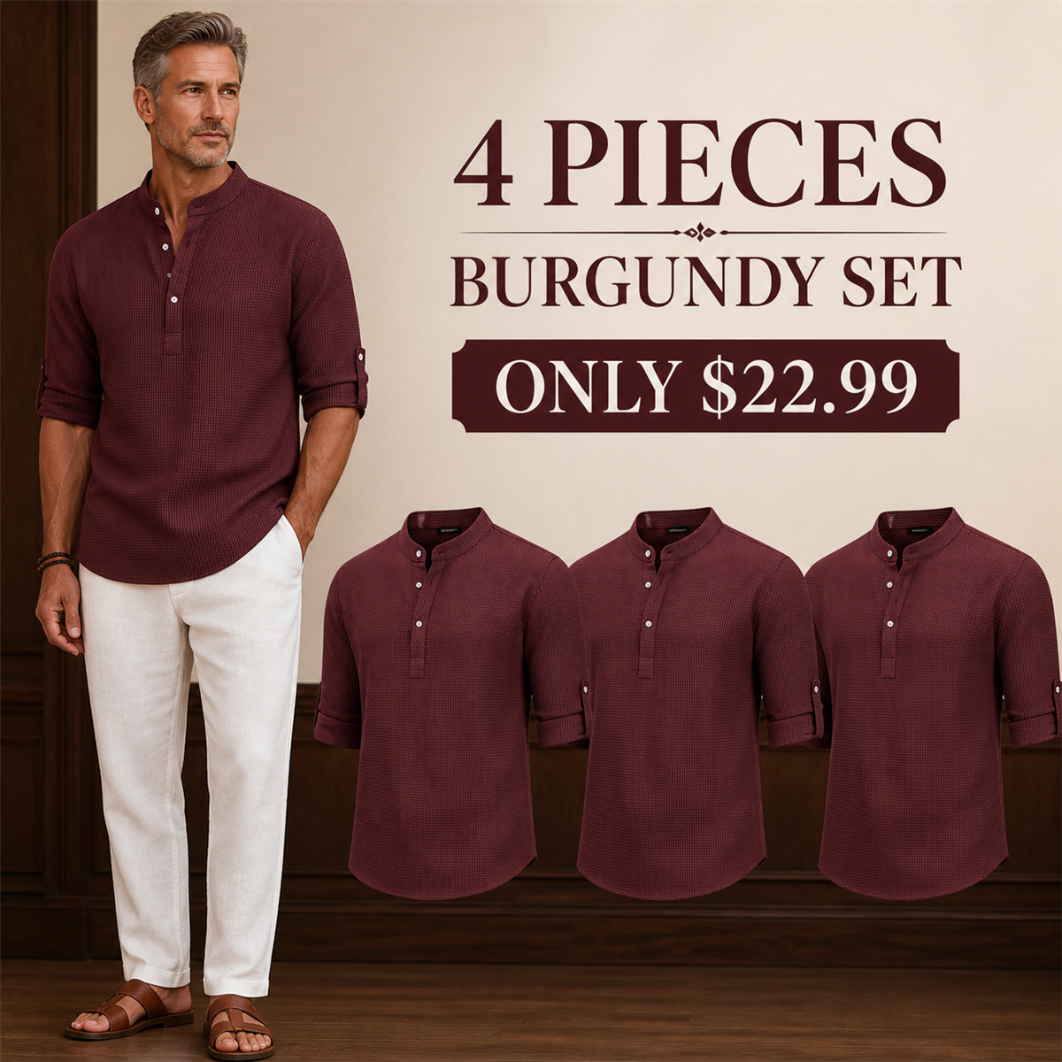 Men's Textured Band-Collar Roll-Tab Sleeve Henley Shirt - 4-Piece Burgundy Set - $22.99