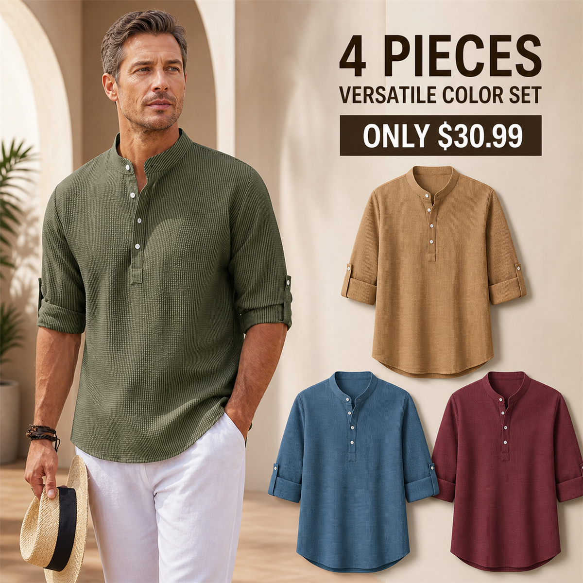 Men's Textured Band-Collar Roll-Tab Sleeve Henley Shirt - 4-Piece Soft Color Set - $30.99