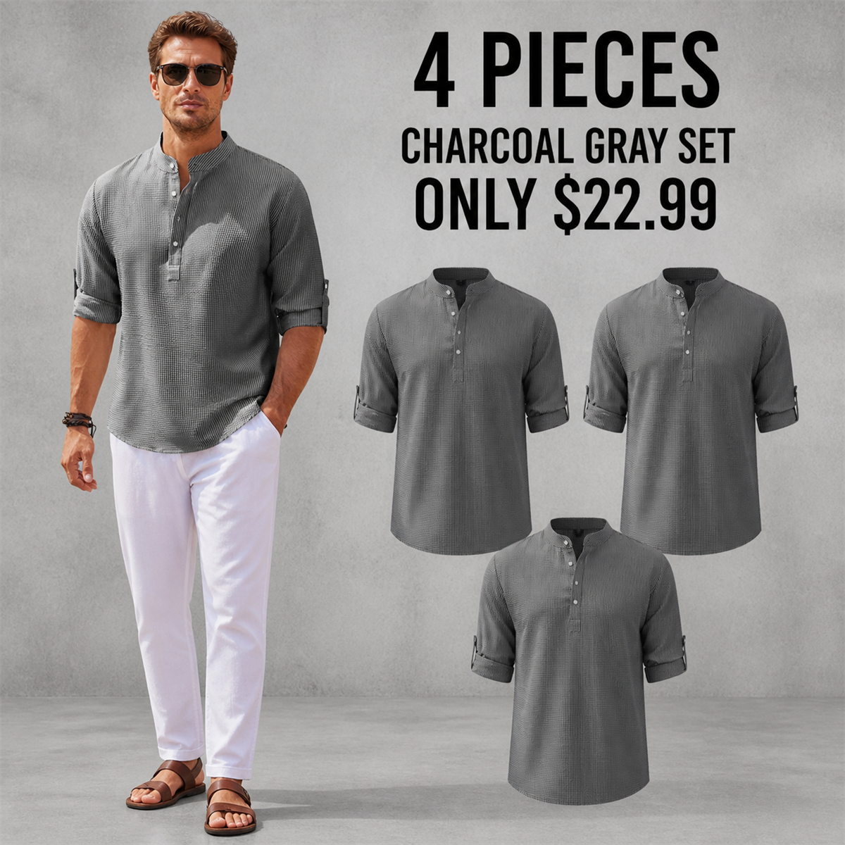 Men's Textured Band-Collar Roll-Tab Sleeve Henley Shirt - 4-Piece Charcoal Gray Set - $22.99