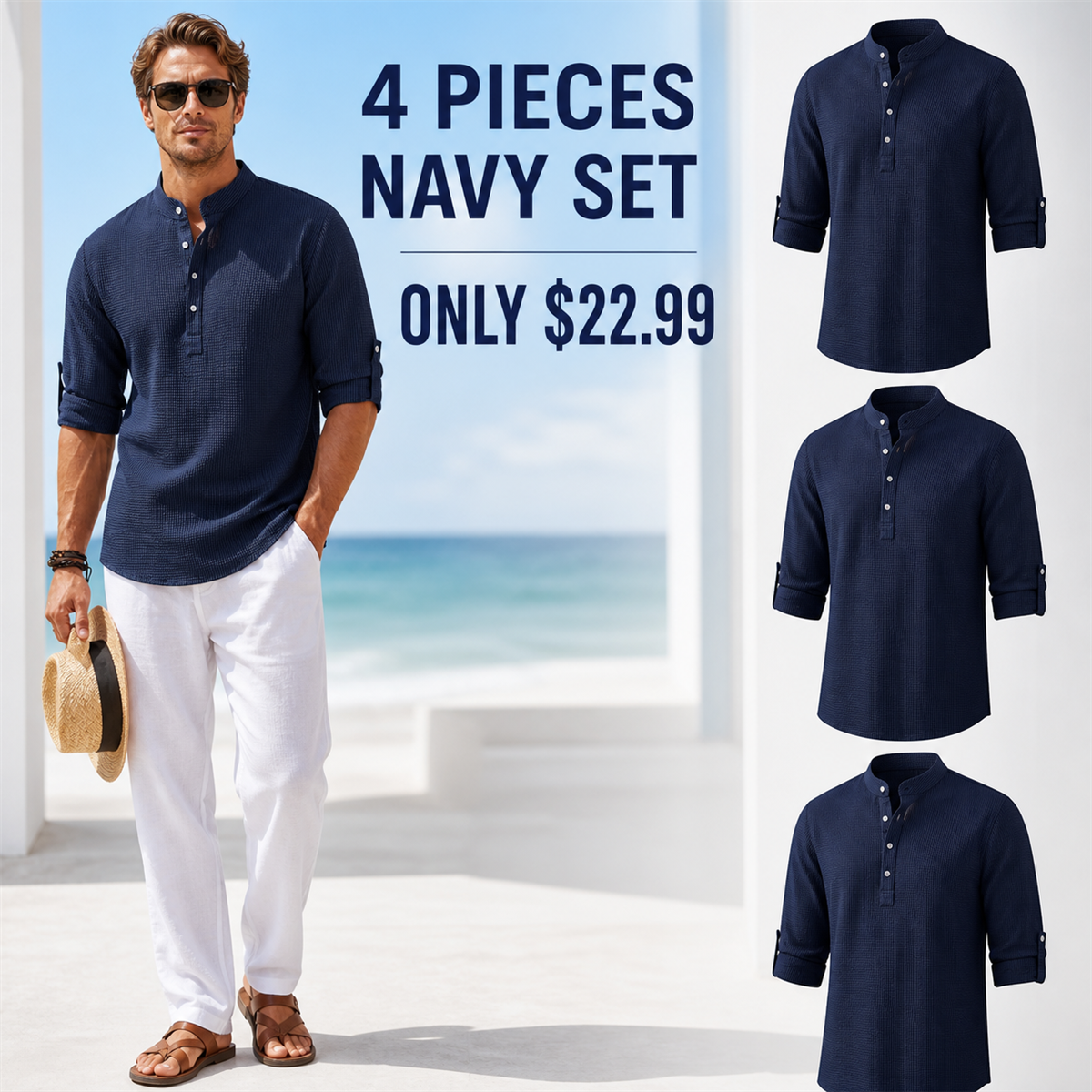 Men's Textured Band-Collar Roll-Tab Sleeve Henley Shirt - 4-Piece Navy Set - $22.99