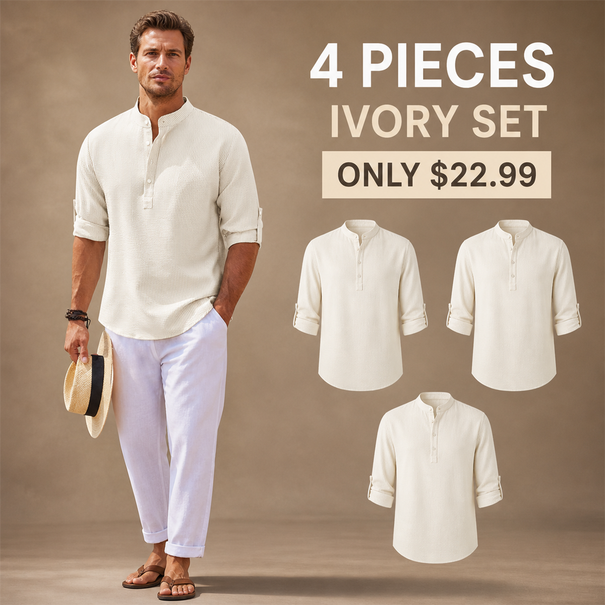 Men's Textured Band-Collar Roll-Tab Sleeve Henley Shirt - 4-Piece Ivory Set - $22.99