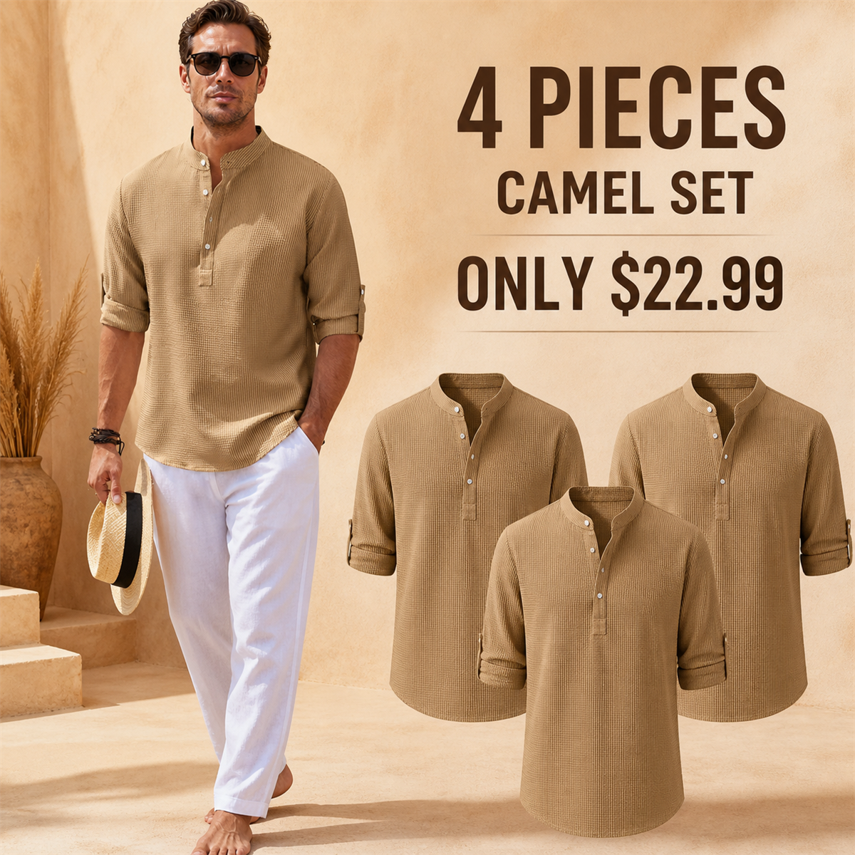 Men's Textured Band-Collar Roll-Tab Sleeve Henley Shirt - 4-Piece Camel Set - $22.99