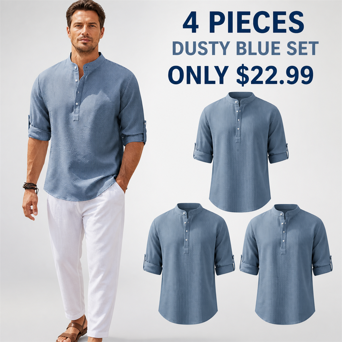 Men's Textured Band-Collar Roll-Tab Sleeve Henley Shirt - 4-Piece Dusty Blue Set - $22.99
