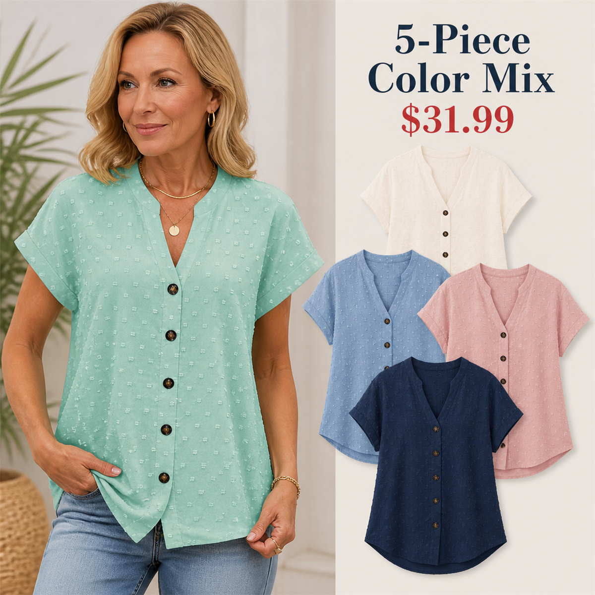 Women's Relaxed Swiss-Dot V-Neck Short-Sleeve Button-Front Blouse - 5-Piece Classic Color Set - $31.99