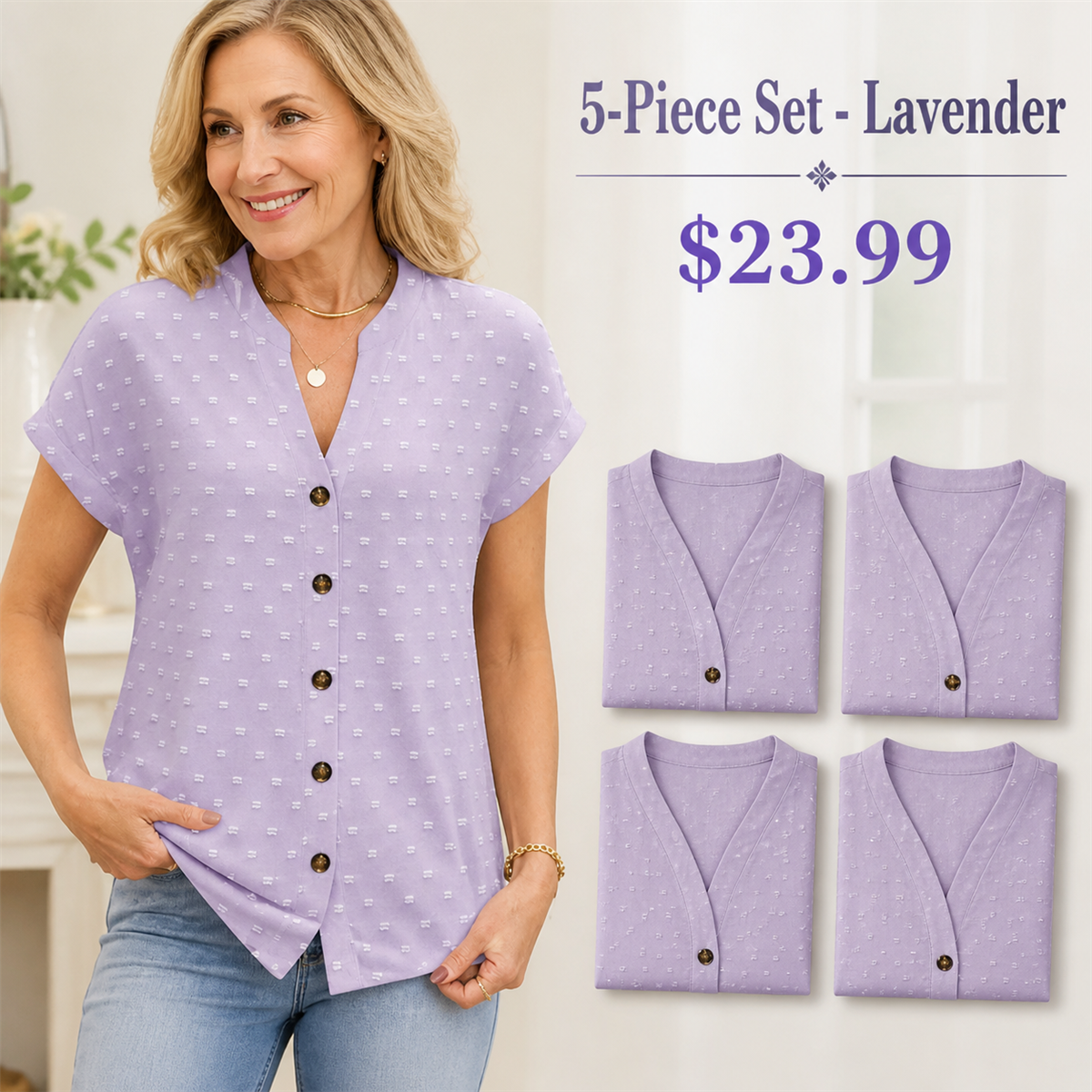 Women's Relaxed Swiss-Dot V-Neck Short-Sleeve Button-Front Blouse - 5-Piece Lavender Set - $23.99