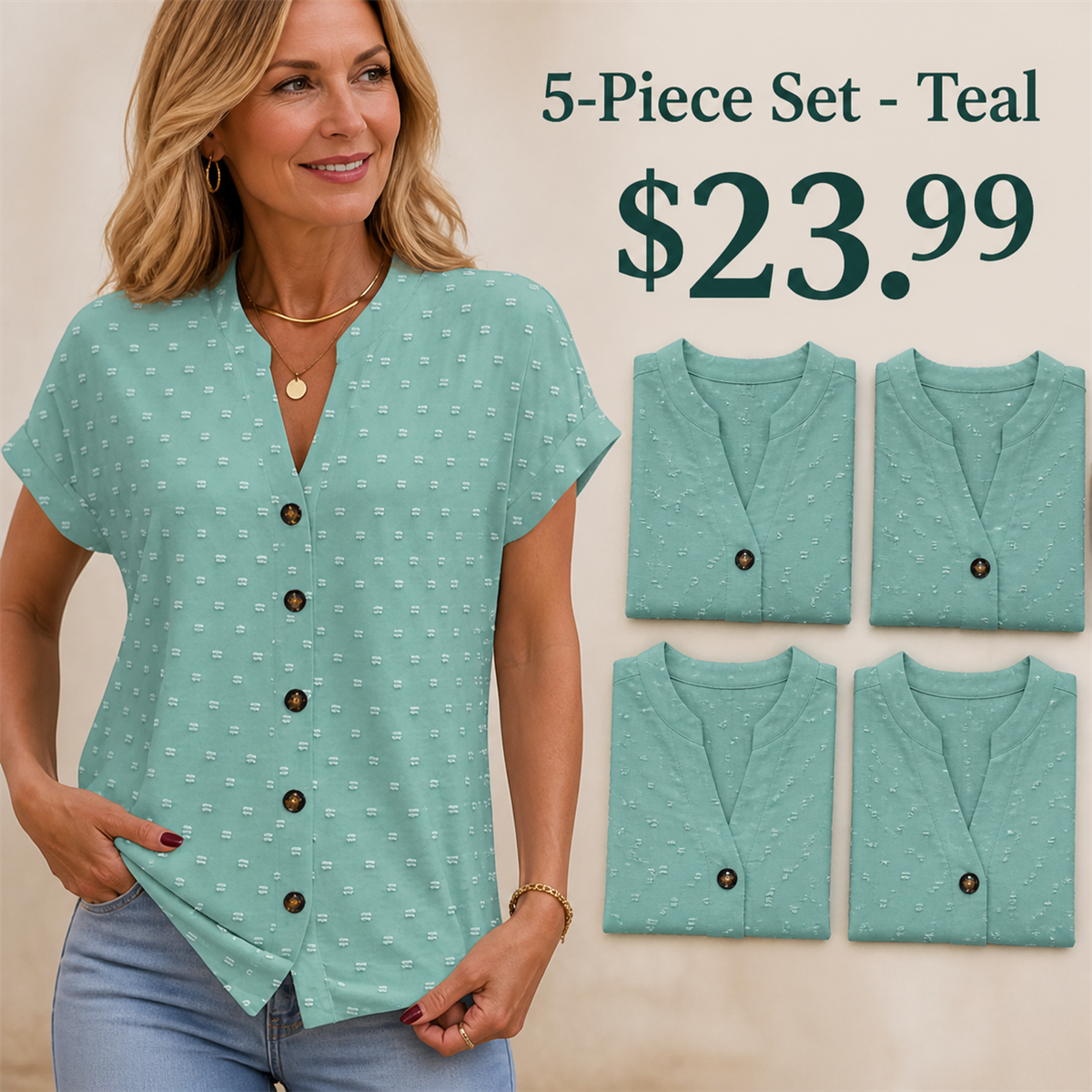 Women's Relaxed Swiss-Dot V-Neck Short-Sleeve Button-Front Blouse - 5-Piece Teal Set - $23.99