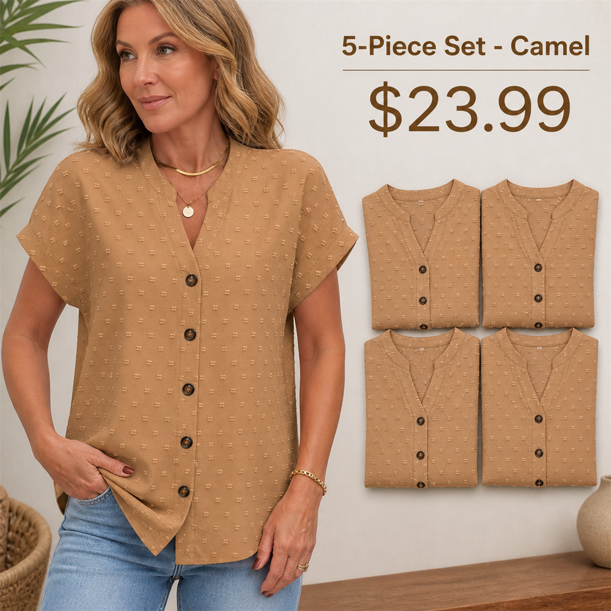 Women's Relaxed Swiss-Dot V-Neck Short-Sleeve Button-Front Blouse - 5-Piece Camel Set - $23.99