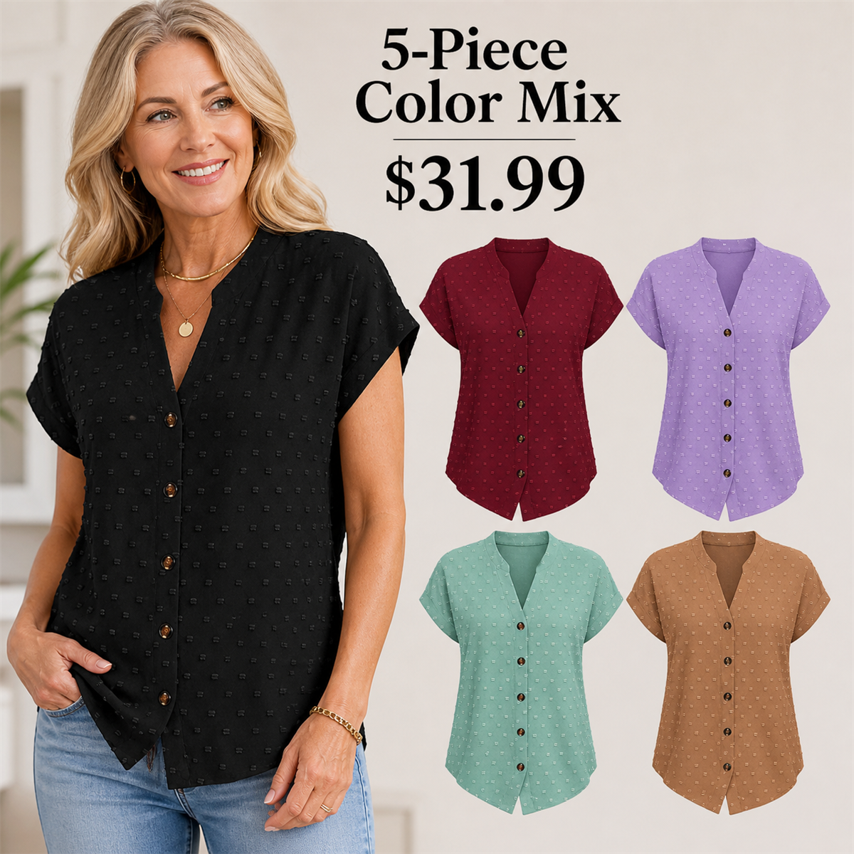 Women's Relaxed Swiss-Dot V-Neck Short-Sleeve Button-Front Blouse - 5-Piece Soft Color Set - $31.99