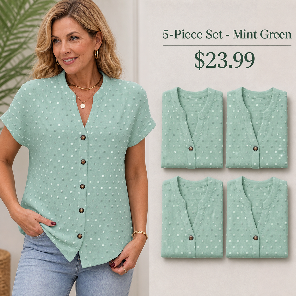 Women's Relaxed Swiss-Dot V-Neck Short-Sleeve Button-Front Blouse - 5-Piece Mint Green Set - $23.99