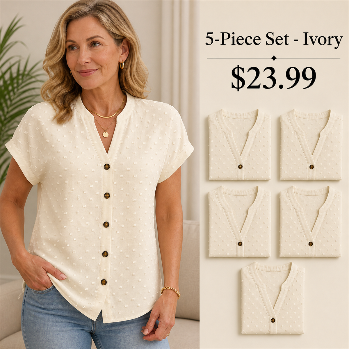 Women's Relaxed Swiss-Dot V-Neck Short-Sleeve Button-Front Blouse - 5-Piece Ivory Set - $23.99