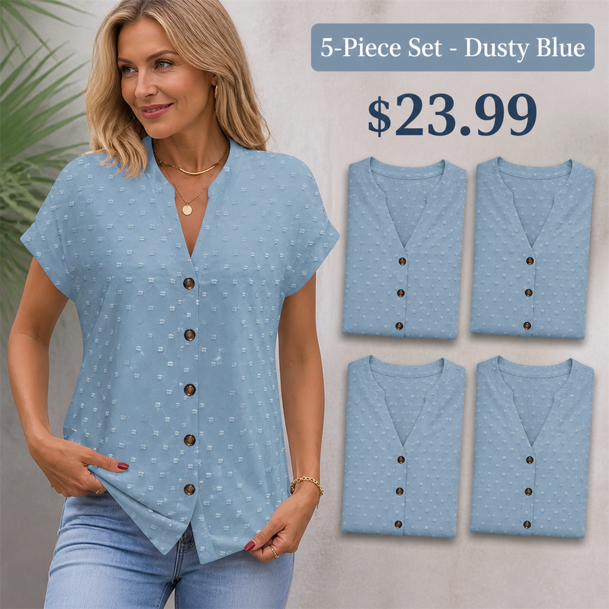 Women's Relaxed Swiss-Dot V-Neck Short-Sleeve Button-Front Blouse - 5-Piece Dusty Blue Set - $23.99
