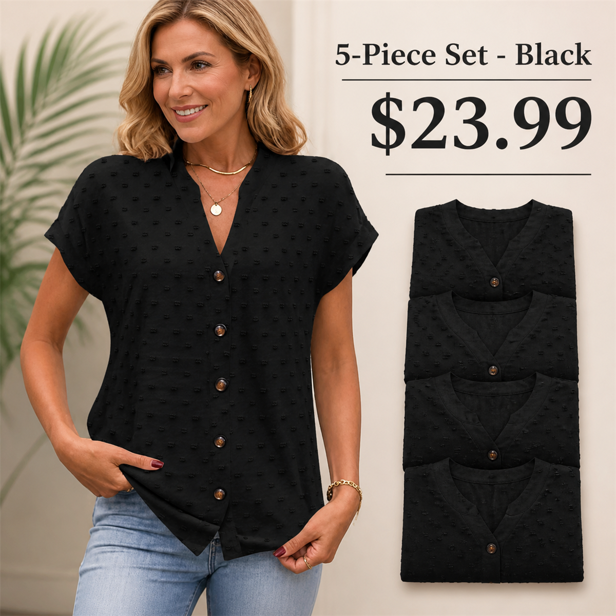 Women's Relaxed Swiss-Dot V-Neck Short-Sleeve Button-Front Blouse - 5-Piece Black Set - $23.99