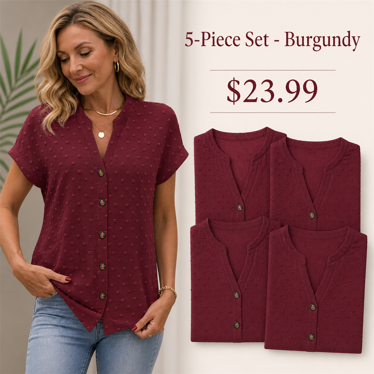 Women's Relaxed Swiss-Dot V-Neck Short-Sleeve Button-Front Blouse - 5-Piece Burgundy Set - $23.99
