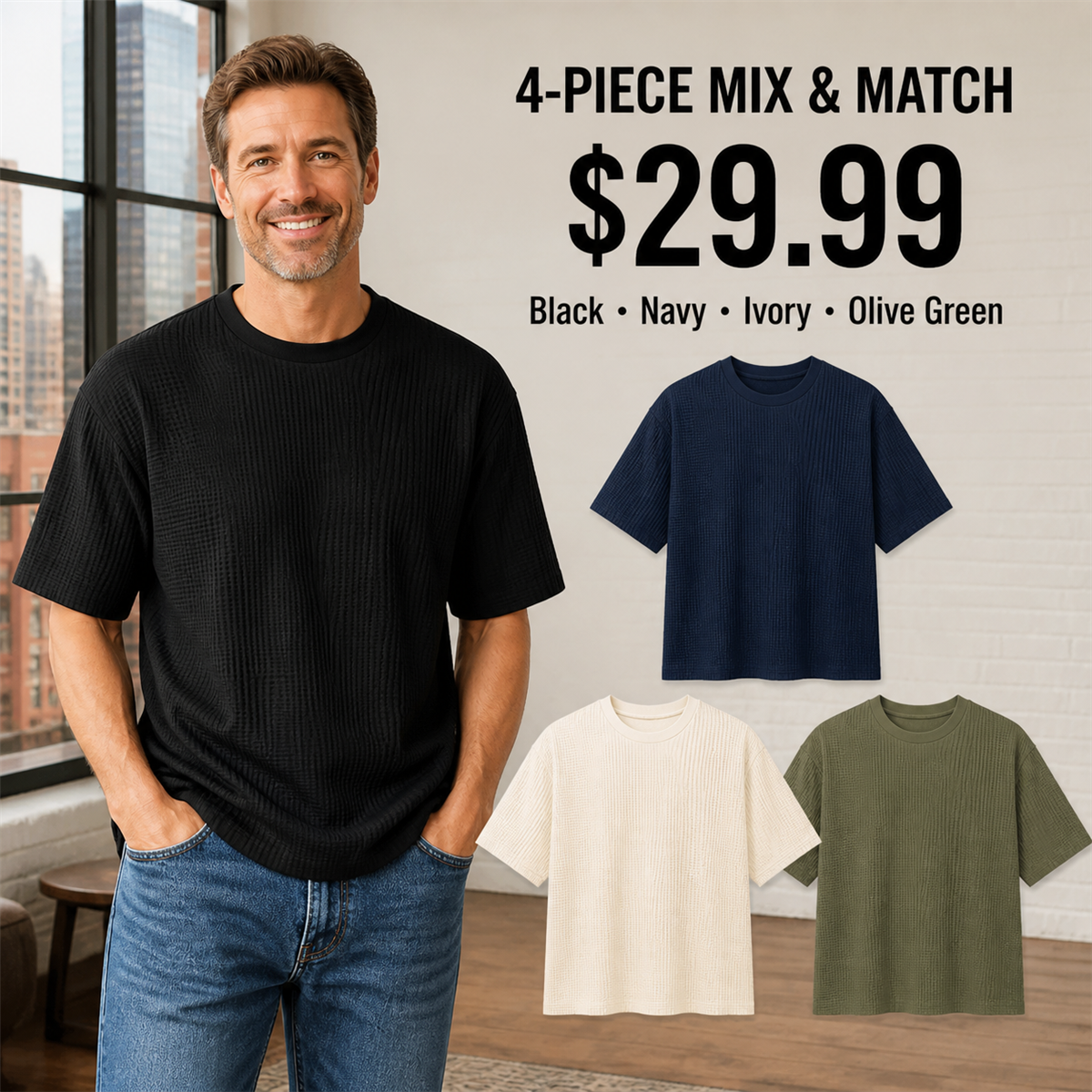 Men's Relaxed Textured Crewneck Short-Sleeve T-Shirt - 4-Piece Classic Color Set - $29.99