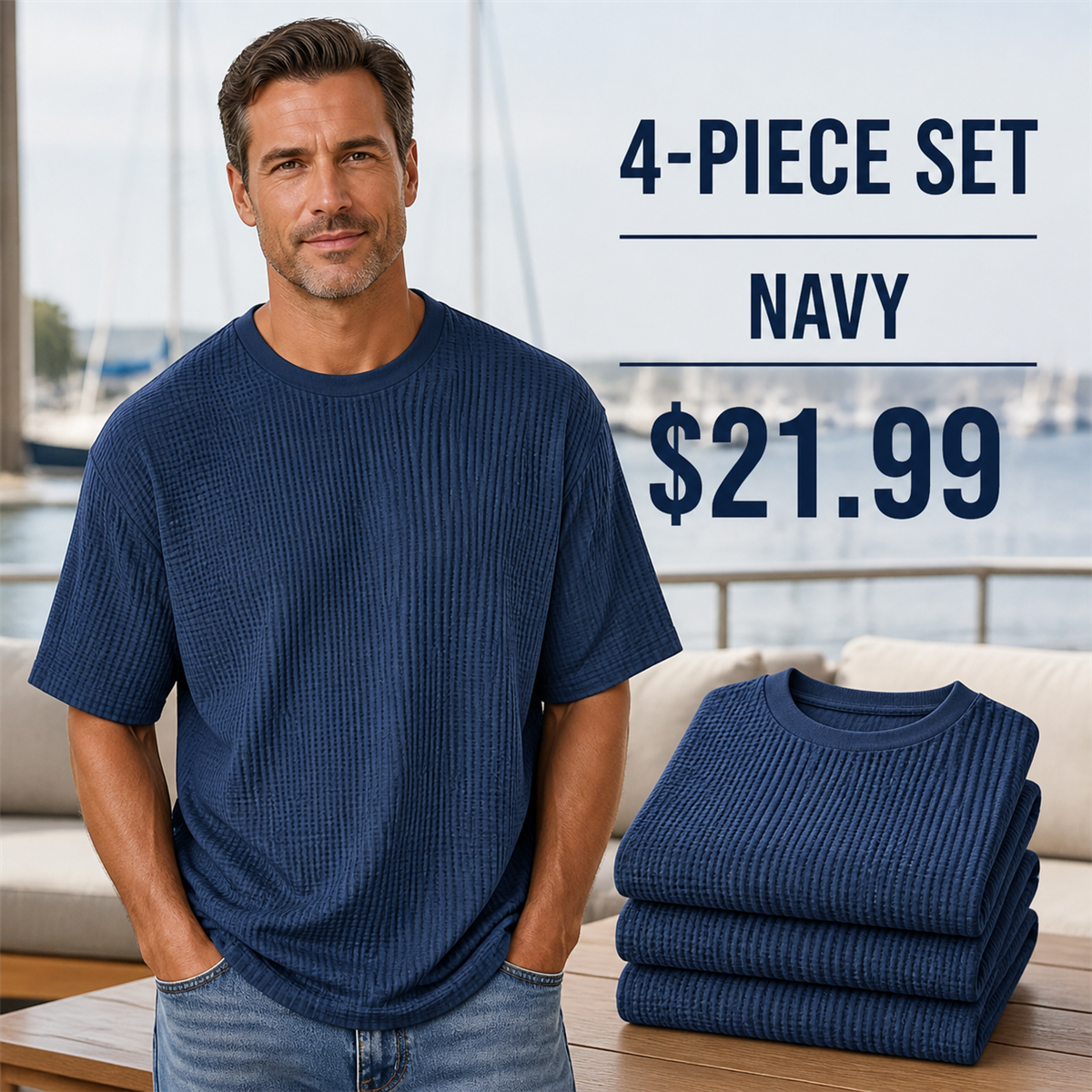 Men's Relaxed Textured Crewneck Short-Sleeve T-Shirt - 4-Piece Navy Set - $21.99