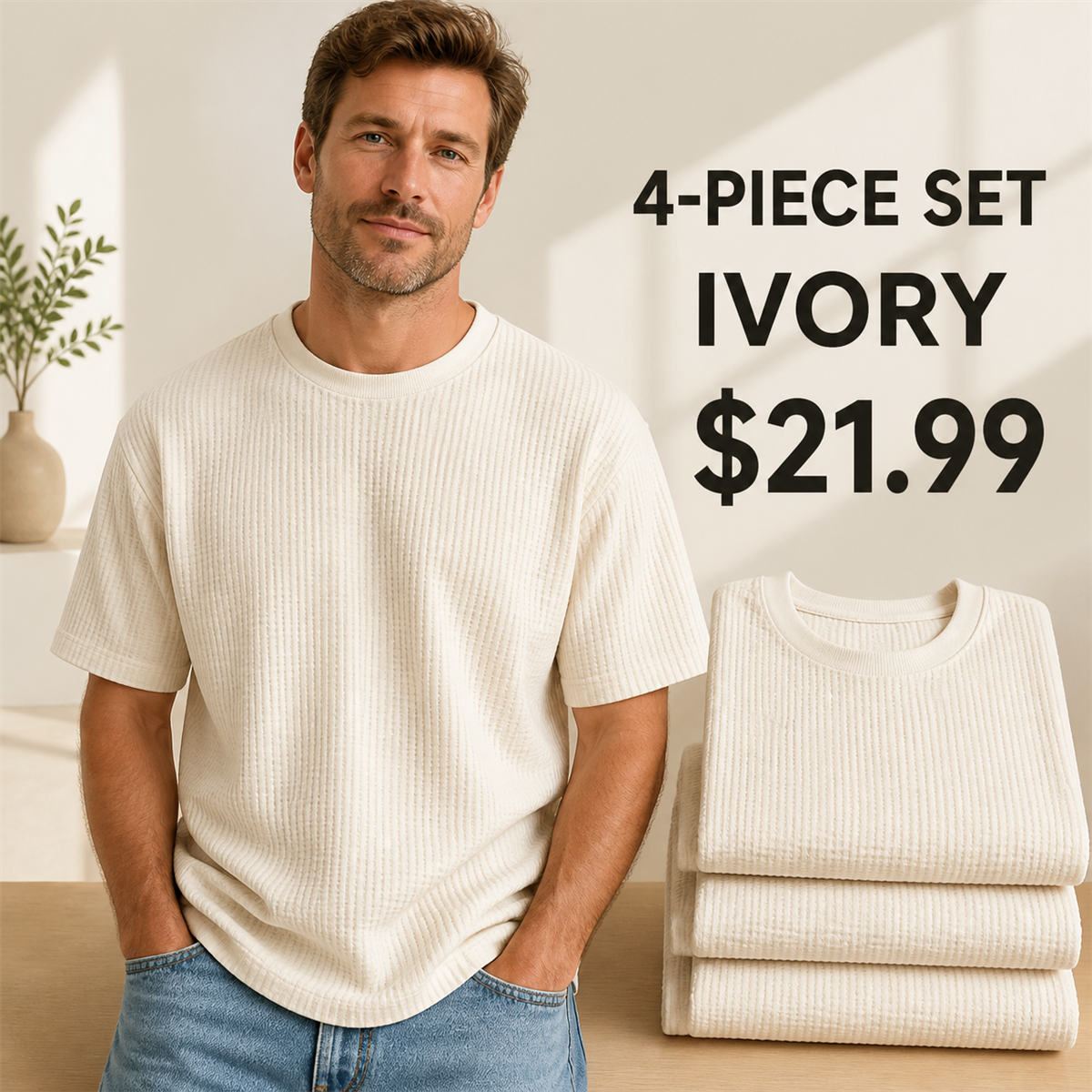 Men's Relaxed Textured Crewneck Short-Sleeve T-Shirt - 4-Piece Ivory Set - $21.99