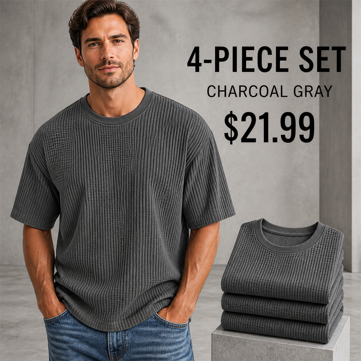 Men's Relaxed Textured Crewneck Short-Sleeve T-Shirt - 4-Piece Charcoal Gray Set - $21.99