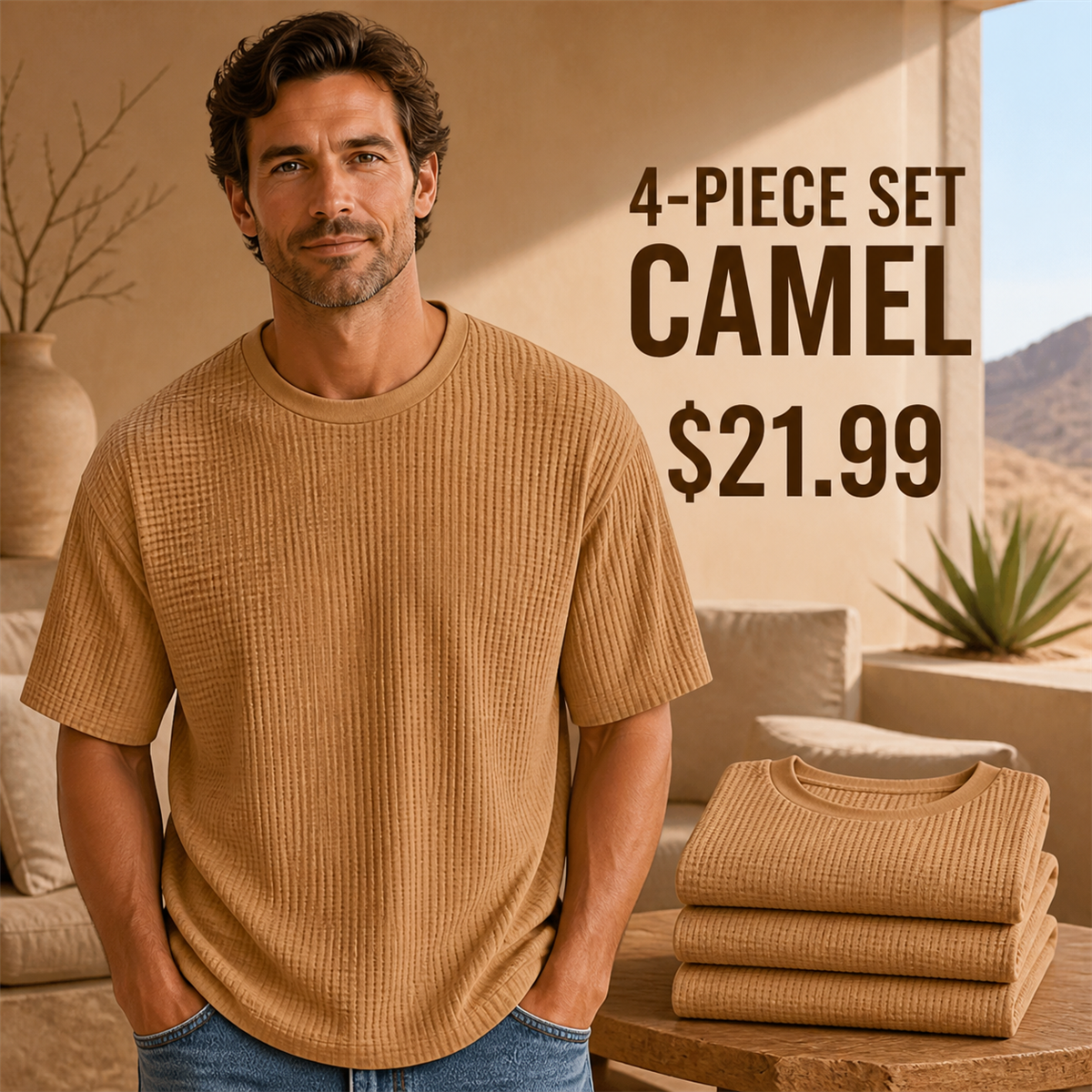 Men's Relaxed Textured Crewneck Short-Sleeve T-Shirt - 4-Piece Camel Set - $21.99