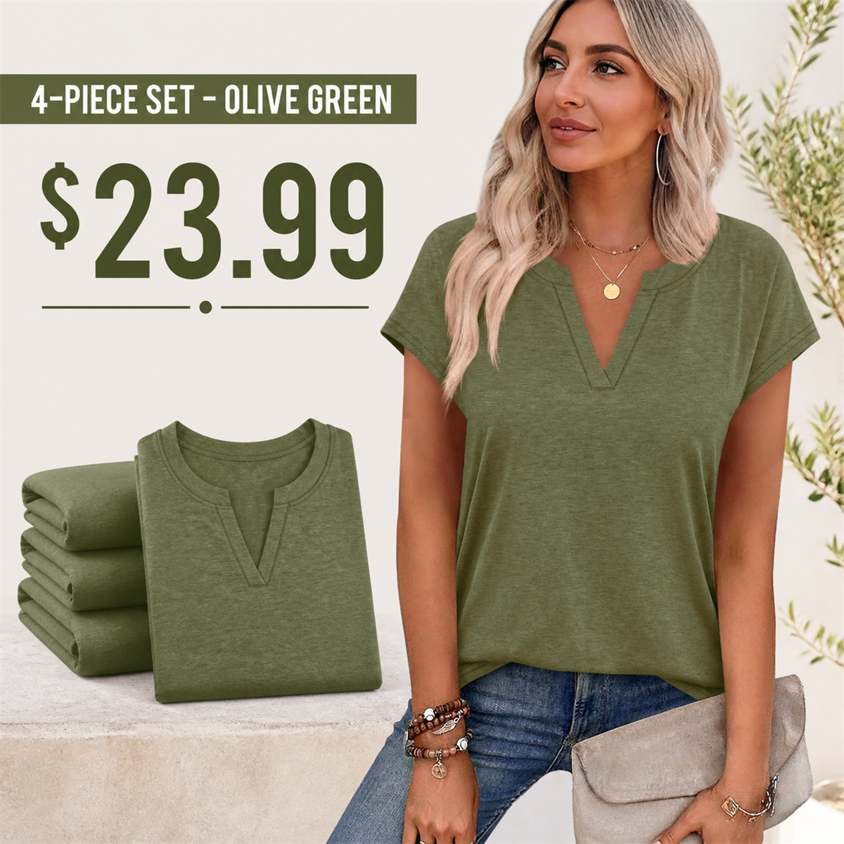 Women's Relaxed Notch-Neck Short-Sleeve Curved-Hem Top - 4-Piece Olive Green Set - $23.99