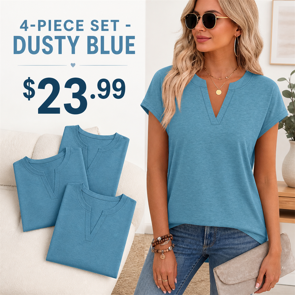 Women's Relaxed Notch-Neck Short-Sleeve Curved-Hem Top - 4-Piece Dusty Blue Set - $23.99