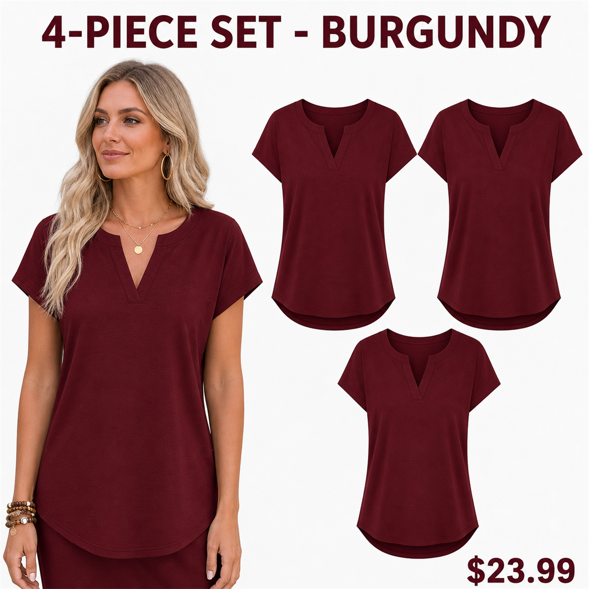 Women's Relaxed Notch-Neck Short-Sleeve Curved-Hem Top - 4-Piece Burgundy Set - $23.99