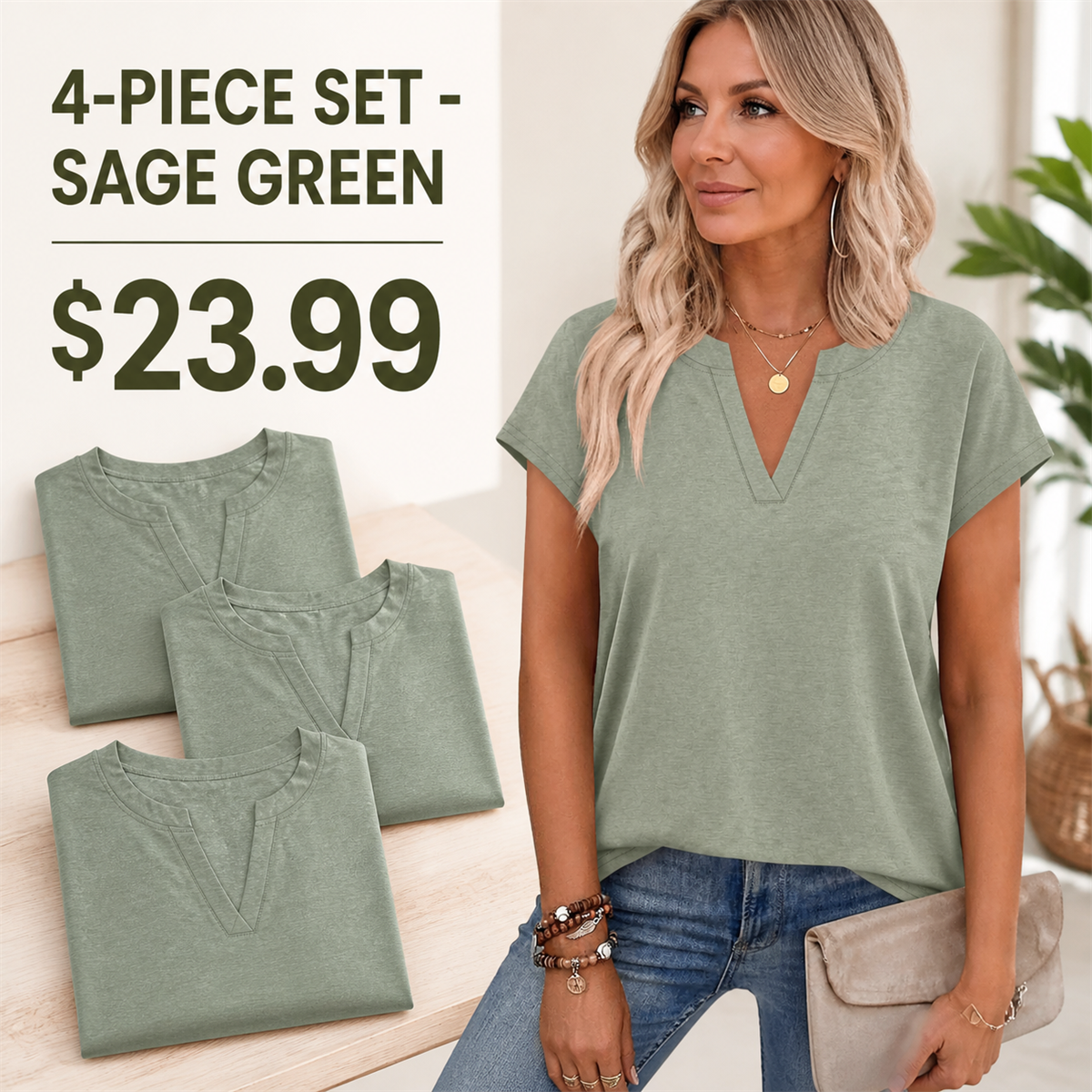 Women's Relaxed Notch-Neck Short-Sleeve Curved-Hem Top - 4-Piece Sage Green Set - $23.99