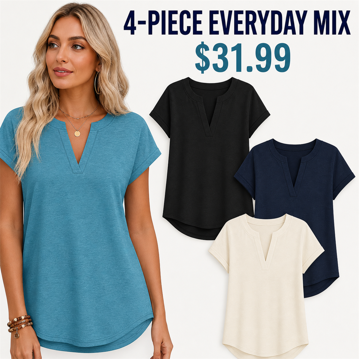 Women's Relaxed Notch-Neck Short-Sleeve Curved-Hem Top - 4-Piece Essential Color Set - $31.99