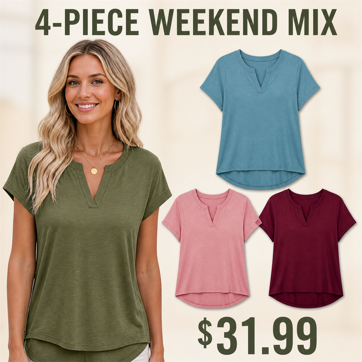 Women's Relaxed Notch-Neck Short-Sleeve Curved-Hem Top - 4-Piece Weekend Color Set - $31.99