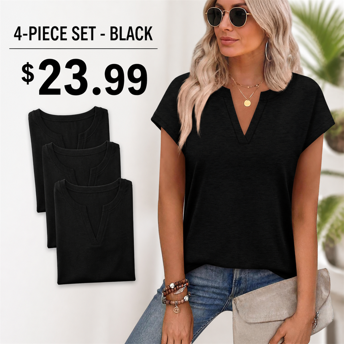 Women's Relaxed Notch-Neck Short-Sleeve Curved-Hem Top - 4-Piece Black Set - $23.99