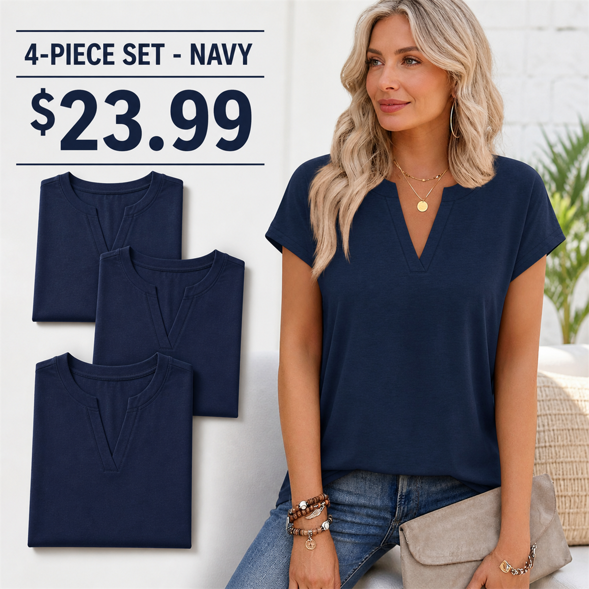 Women's Relaxed Notch-Neck Short-Sleeve Curved-Hem Top - 4-Piece Navy Set - $23.99