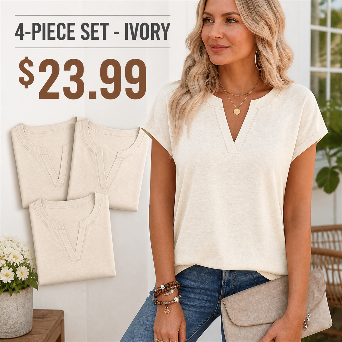 Women's Relaxed Notch-Neck Short-Sleeve Curved-Hem Top - 4-Piece Ivory Set - $23.99
